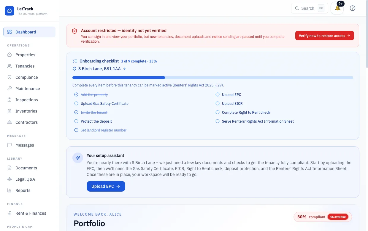 LetTrack landlord dashboard